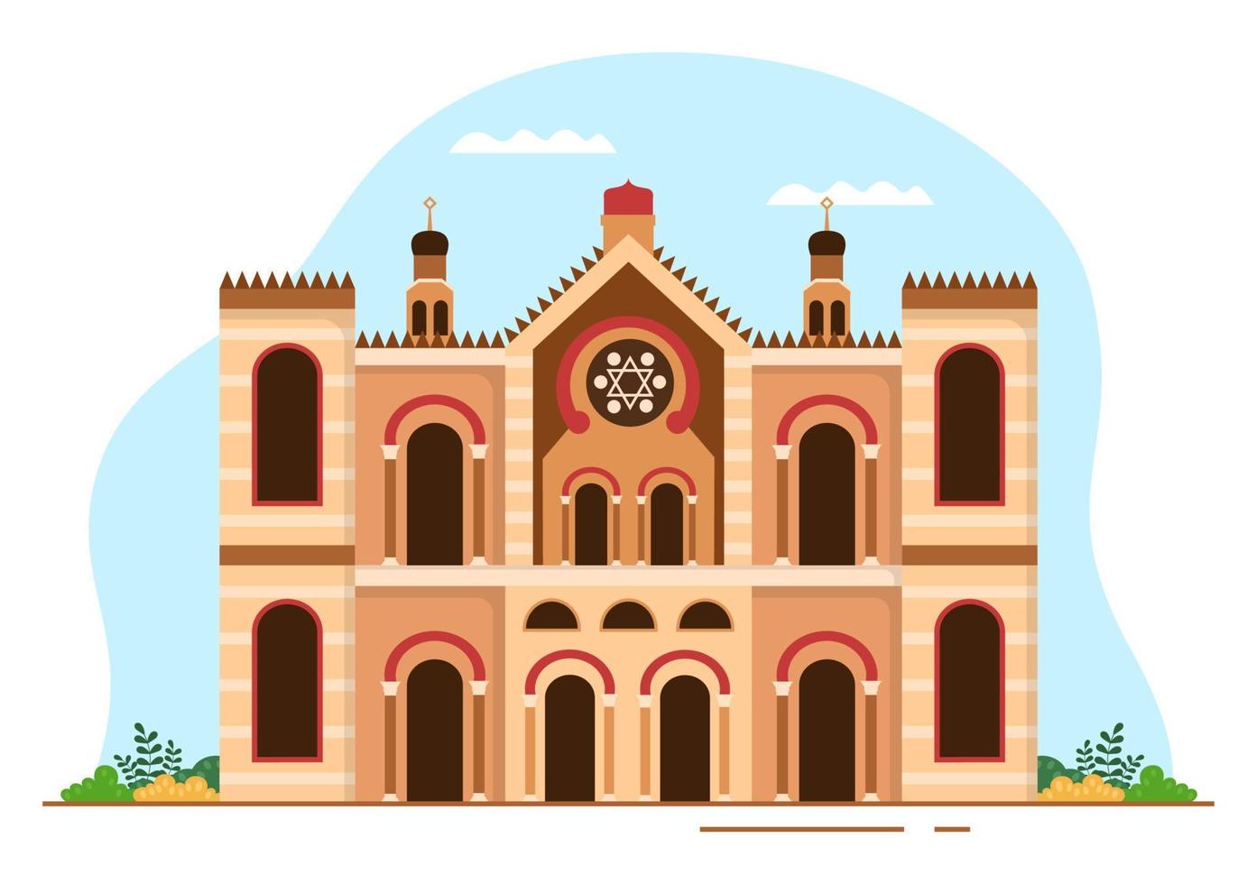 edificio de sinagoga o templo judío con lugar de culto religioso, hebreo o judaísmo y judío en plantilla ilustración plana de dibujos animados dibujados a mano vector