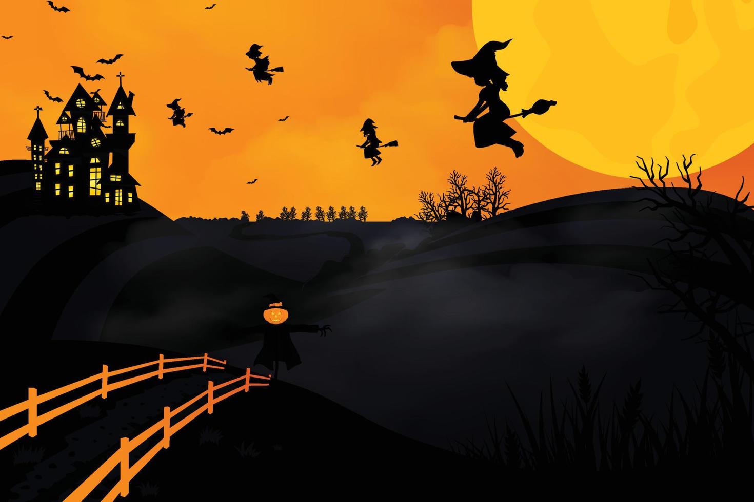 escenas de halloween con la silueta de un castillo, una luna brillante y una ilustración de árboles muertos. vector