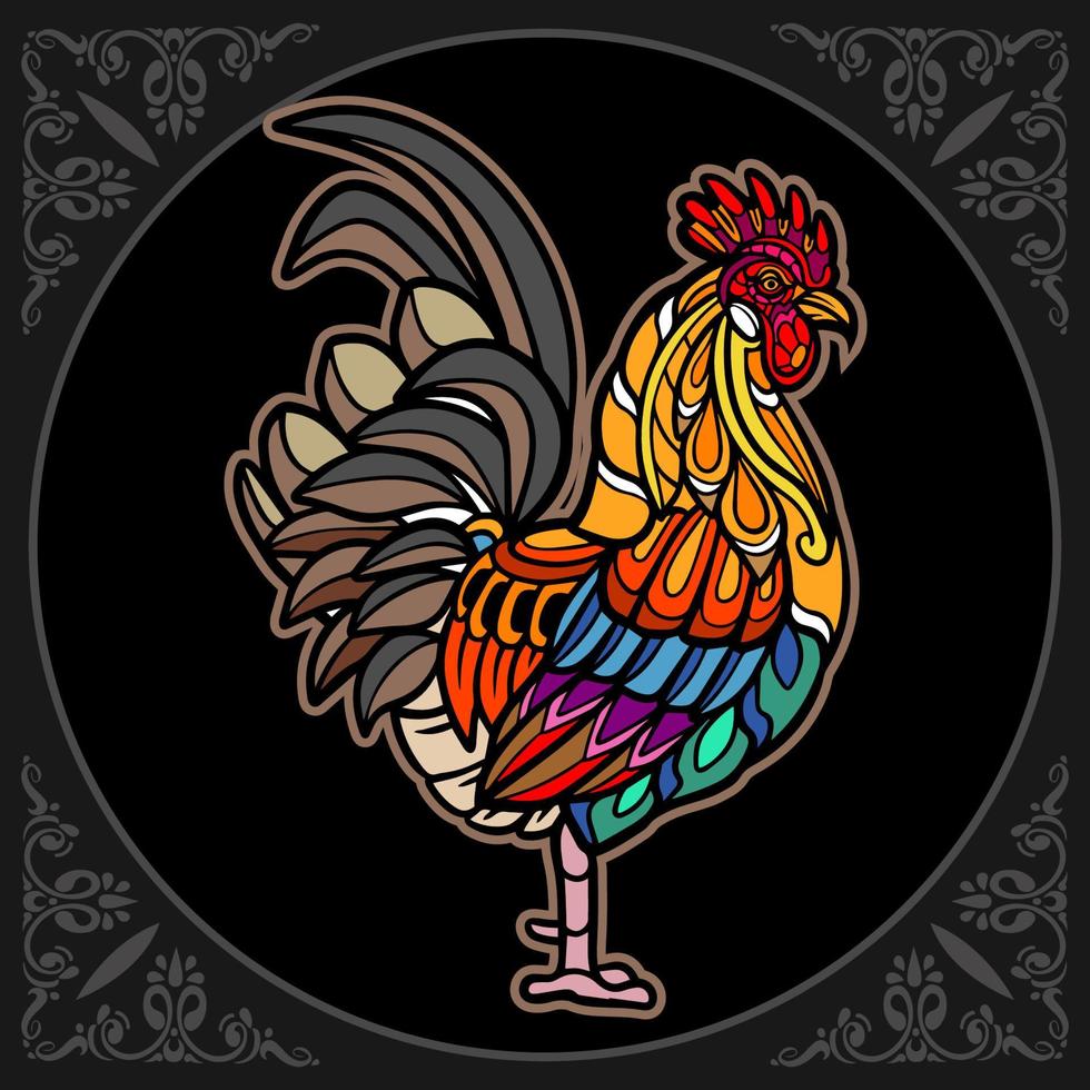 Colorful Rooster Mandala arts isolated on black background. vector