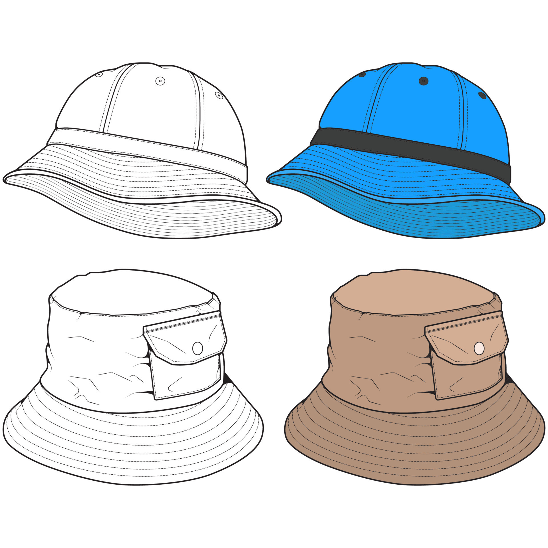 Bucket hat vector illustration flat sketches template. hand drawn
