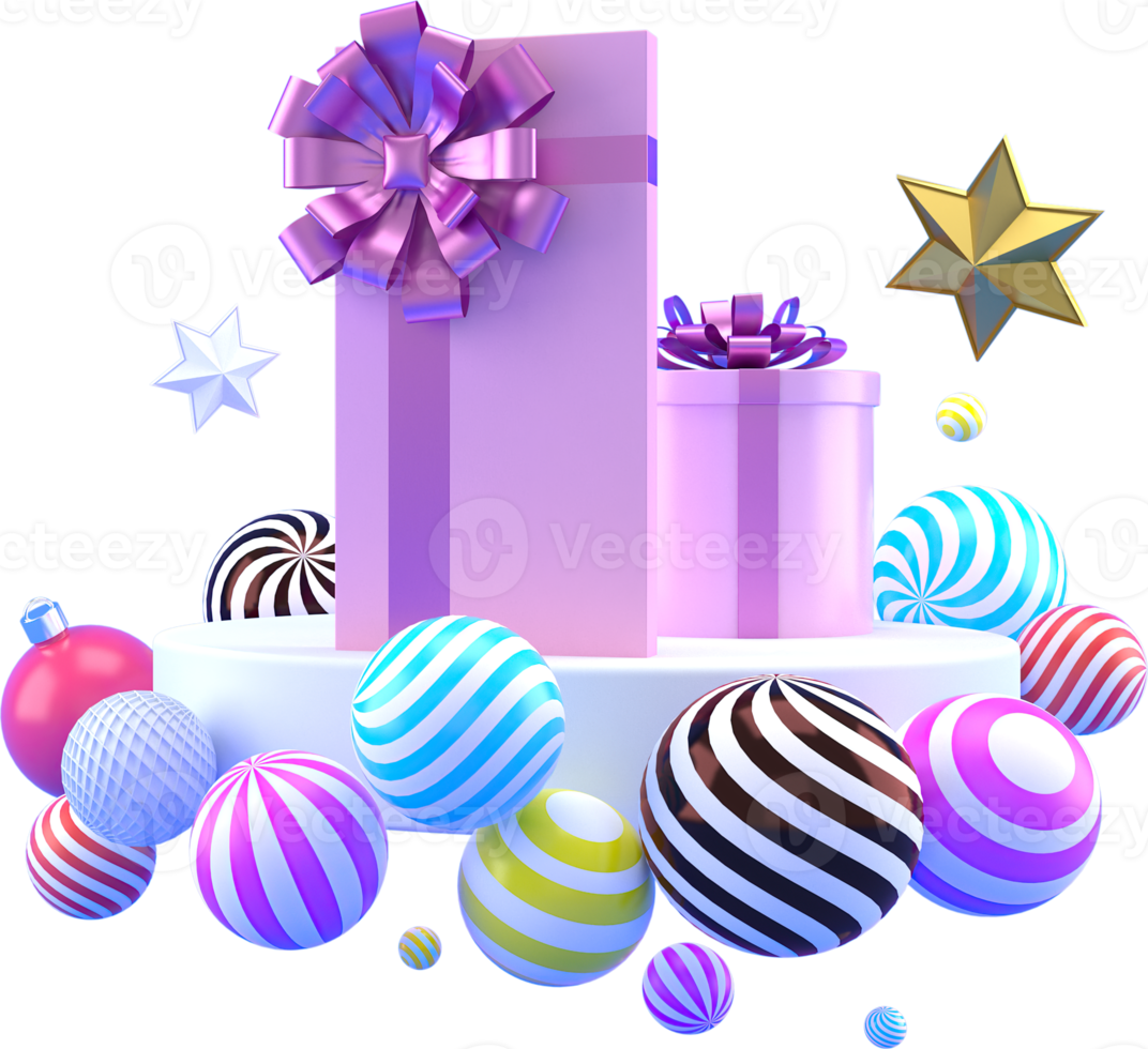 3d Rendering Christmas or new year elements background with decorative balls, and gift boxes. Colorful gifts for holidays. Modern design. png