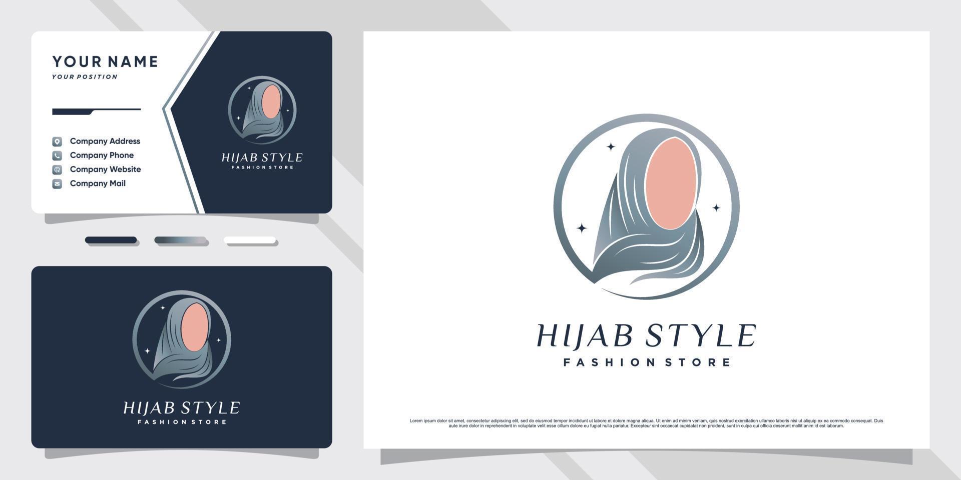 diseño de logotipo hijab para mujeres musulmanas con concepto creativo y plantilla de tarjeta de visita vector