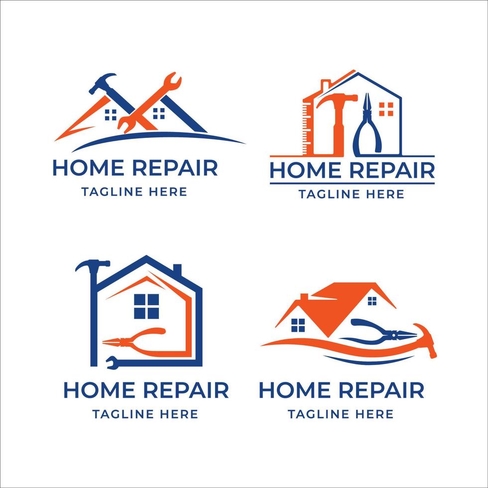 paquete de logotipos de reparación de casas. logotipo de la casa naranja y azul con herramientas de martillo y manitas ilustración vectorial. vector