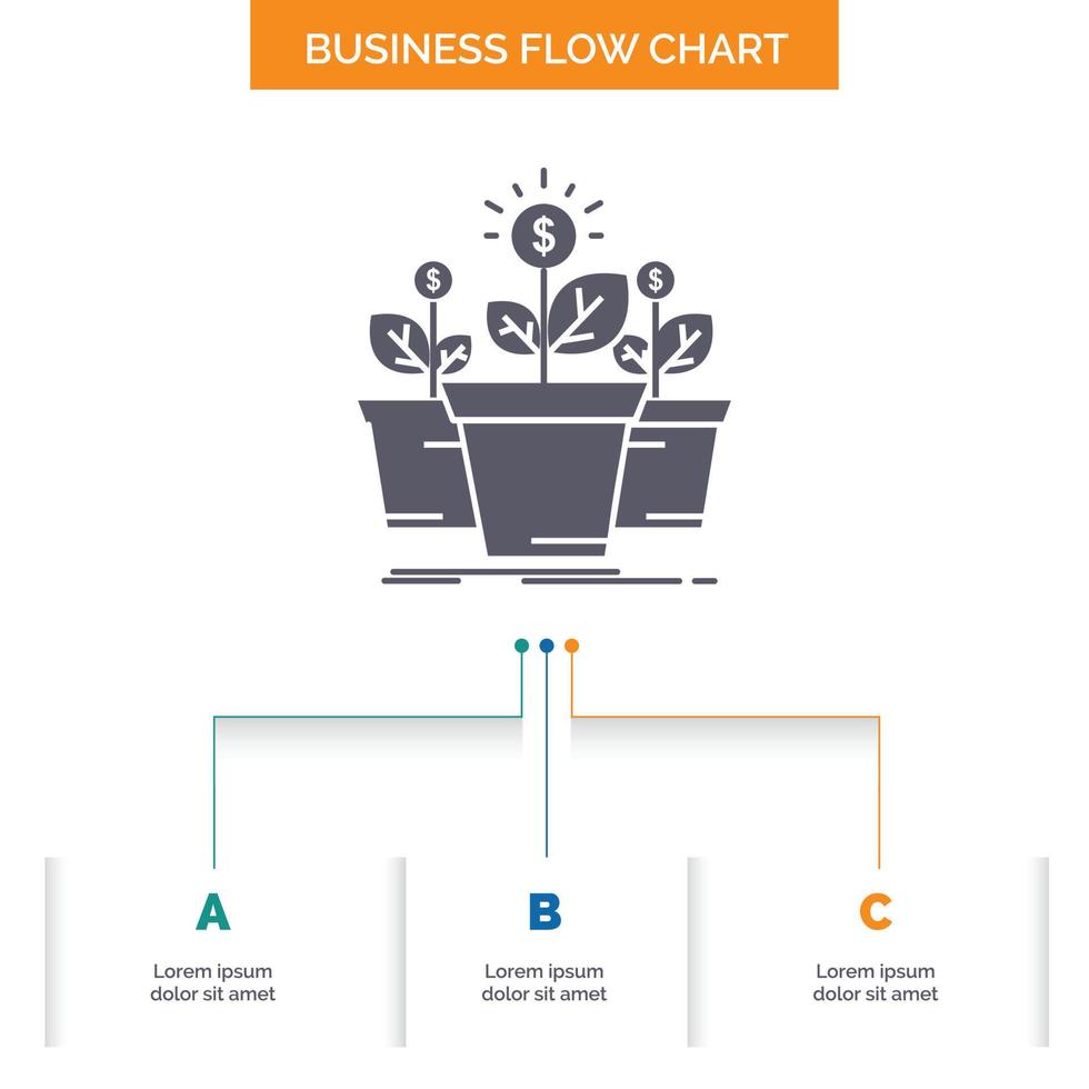 growth. money. plant. pot. tree Business Flow Chart Design with 3 Steps. Glyph Icon For Presentation Background Template Place for text. vector