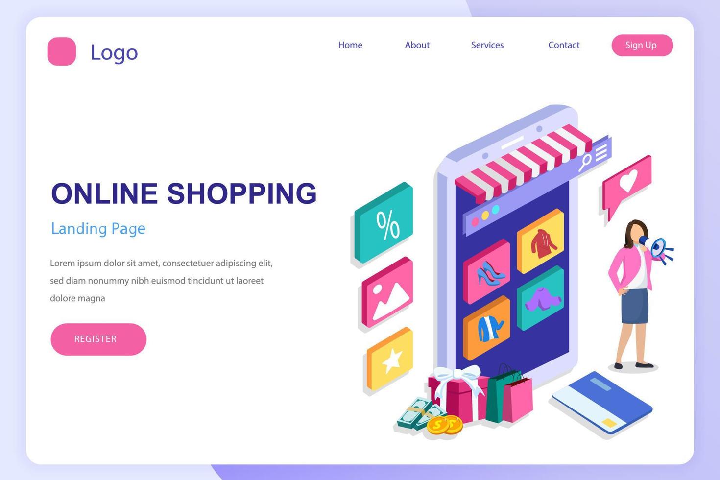 Online shopping isometric concept. Landing page website flat vector template