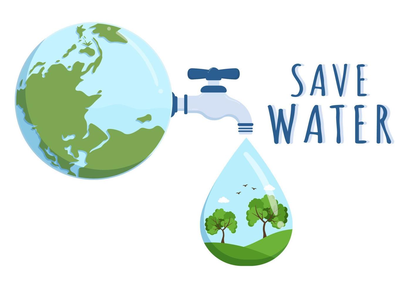 Water Saving Templates Hand Drawn Flat Cartoon Illustration for Mineral Savings Campaign with Faucet and Earth Concept vector