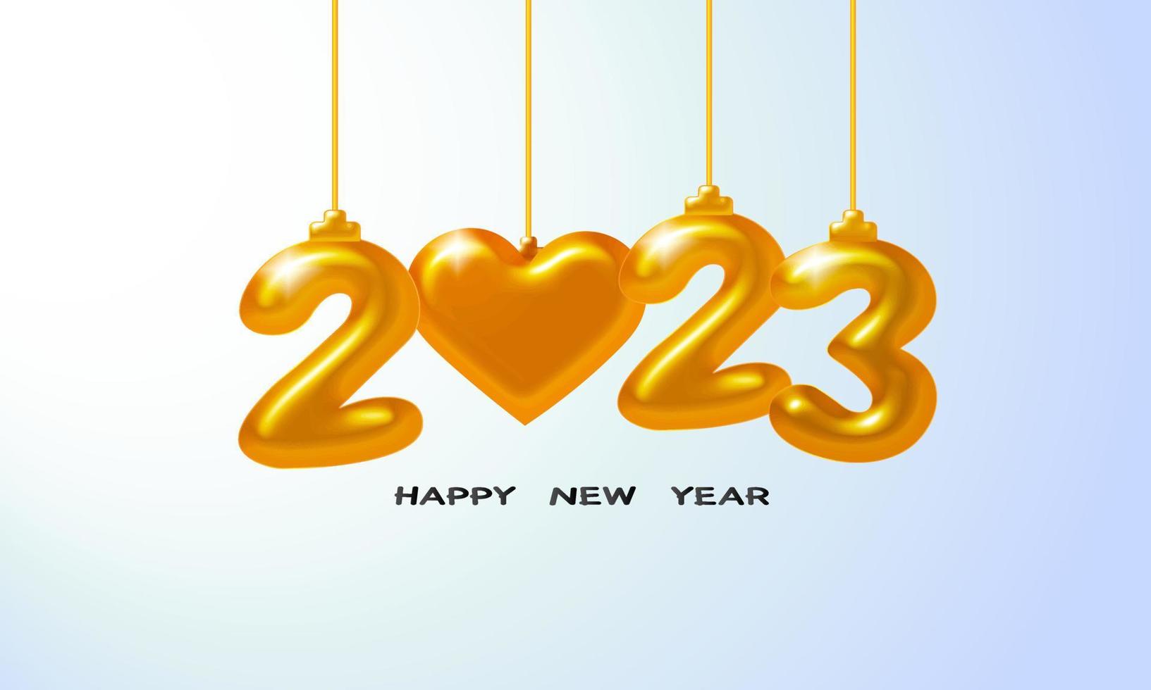 Happy New 2023 Year. Holiday vector illustration of golden metallic numbers 2023. Realistic 3d sign. Festive poster or banner design.