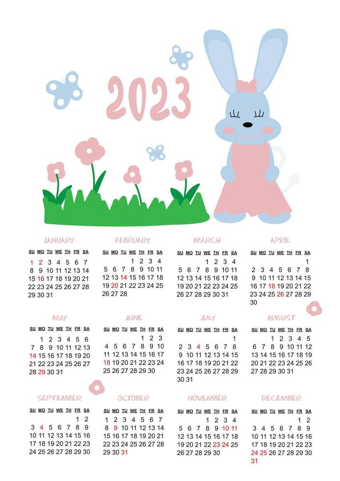 Calendar 2023 for kids with a cute rabbit girl in a dress. The rabbit is a symbol of 2023 according to the eastern horoscope. Vector illustration.