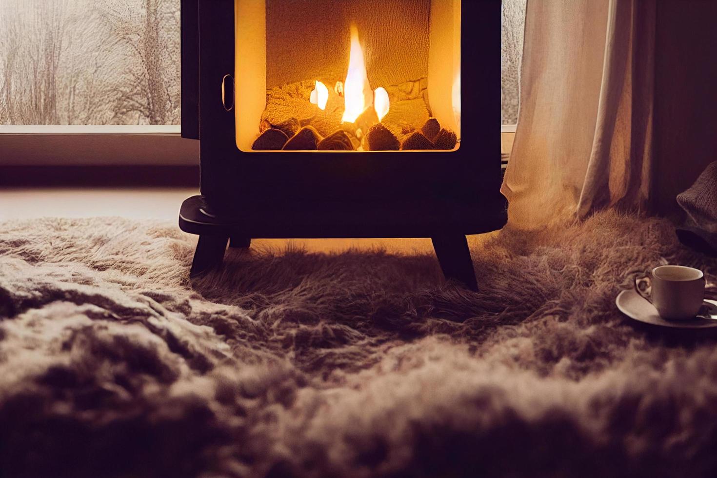 Hygge related imagery of a room with hot burning fire and a sweeter cozy warmth relaxation photo