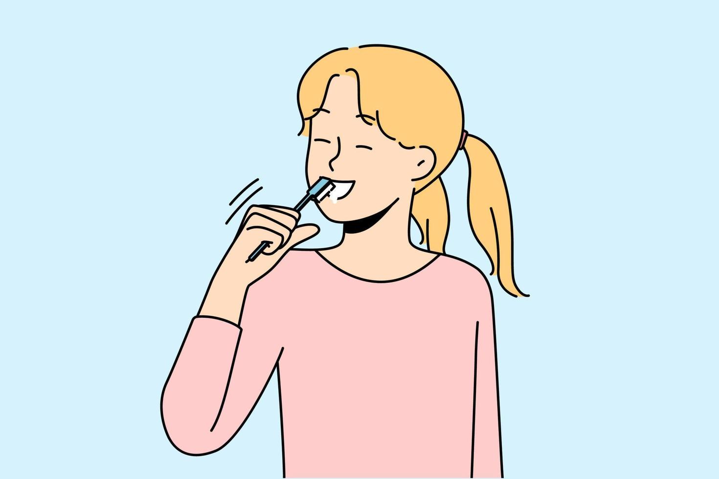 Smiling girl brushing teeth take care of oral hygiene. Happy child morning daily routine clean tooth. Healthcare and childcare. Vector illustration.