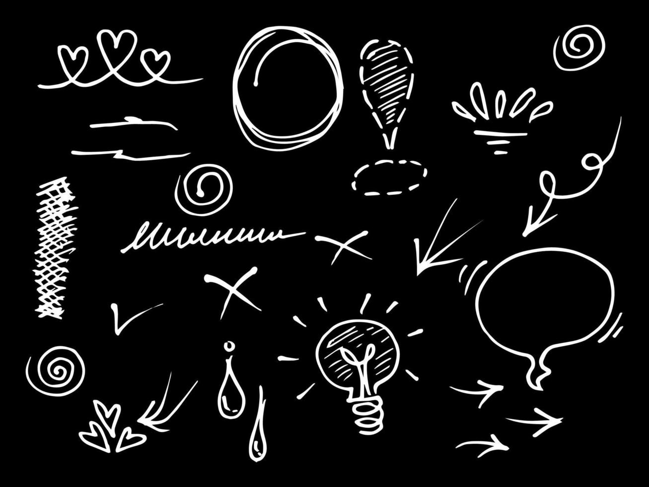 Doodle elements for concept design on set. isolated on black background. Infographic elements. Emphasis, curly swishes, swoops, swirl, arrow. vector illustration