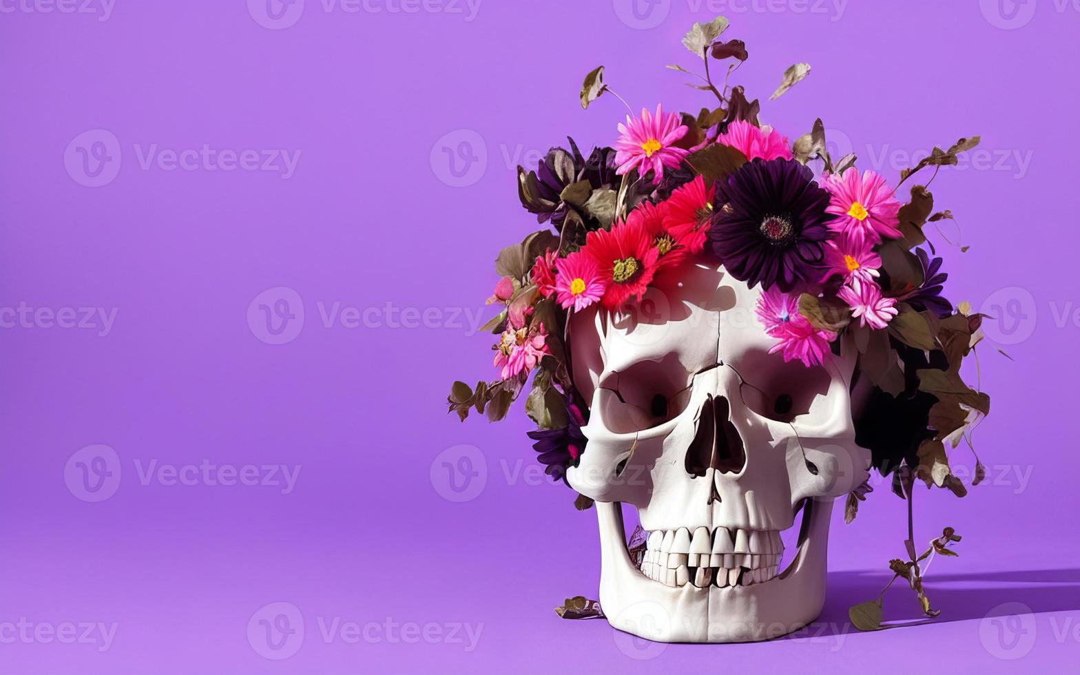 Skull with flowers spooky creative for dia de los muertos day of the dead halloween photo