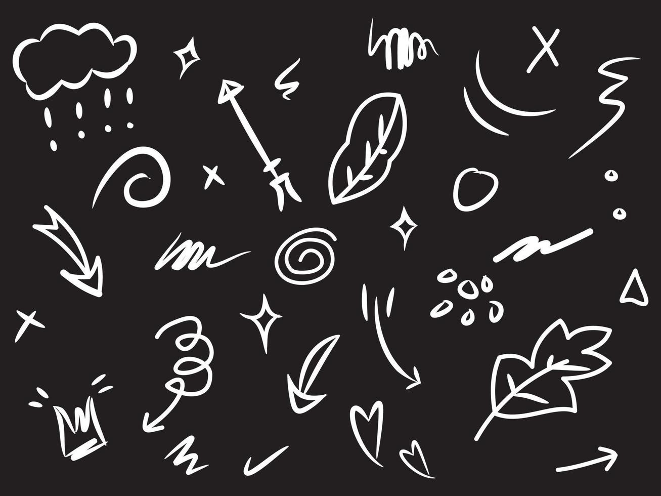 Doodle elements for concept design on set. isolated on black background. Infographic elements. Emphasis, curly swishes, swoops, swirl, arrow, heart, crown, star. vector illustration.