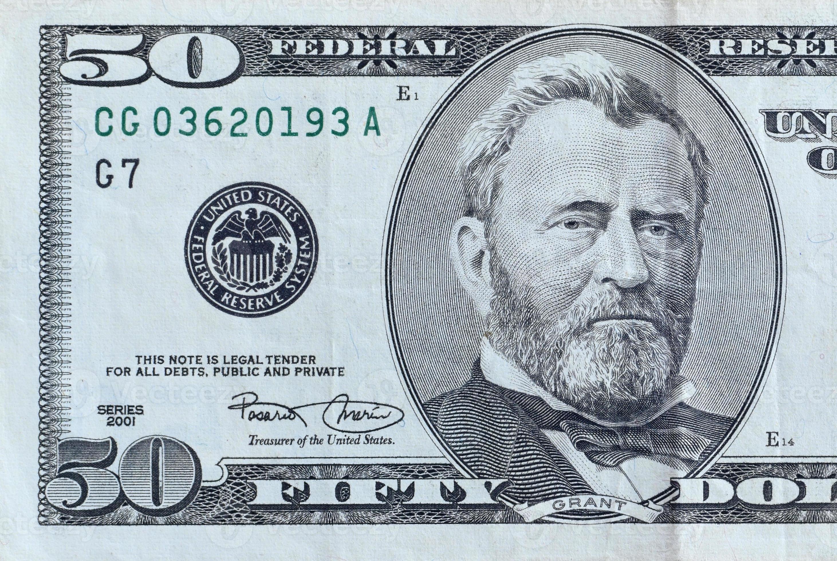 back side of 50 dollar bill, American money close-up with portrait