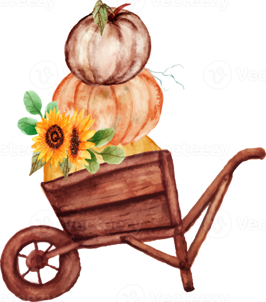 wheelbarrow with pumpkins and sunflower png