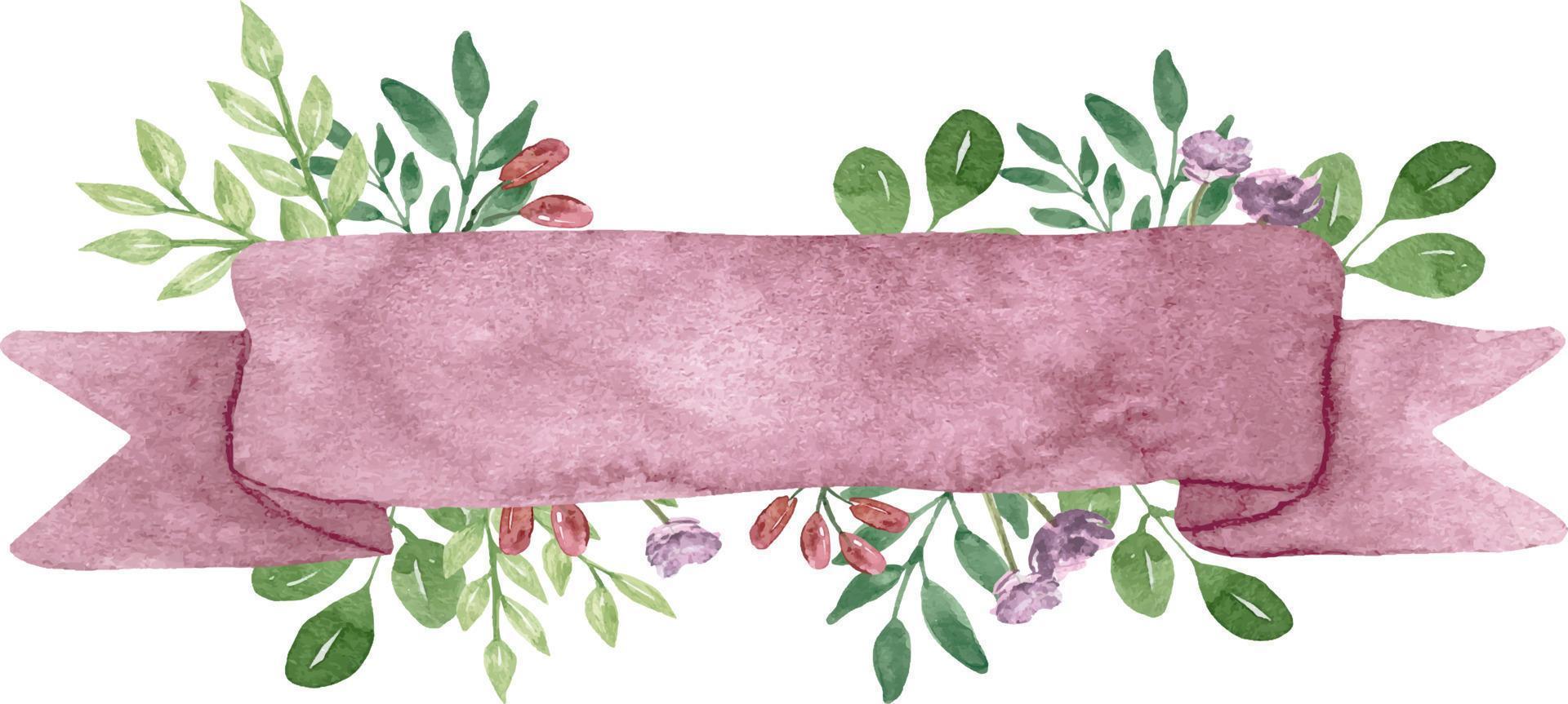 Watercolor pink rolled ribbons with flowers. Pink abstract ribbons banners green leaves. vector