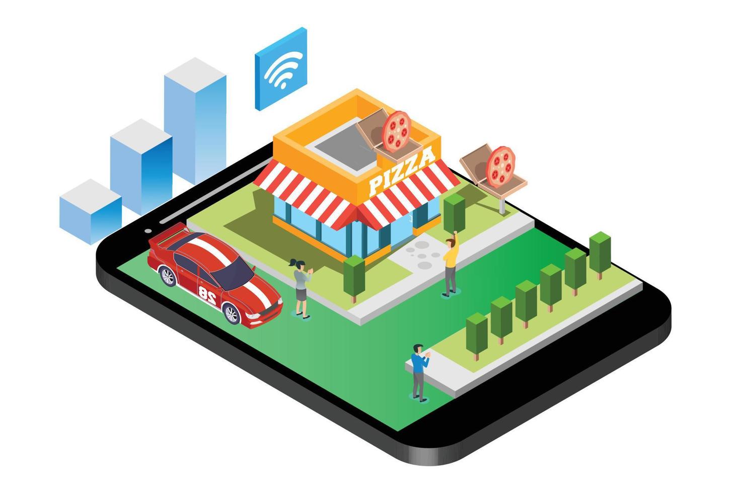 Modern Isometric Smart Fastfood Ordering Illustration, Suitable for Diagrams, Infographics, Book Illustration, Game Asset, And Other Graphic Related Assets vector