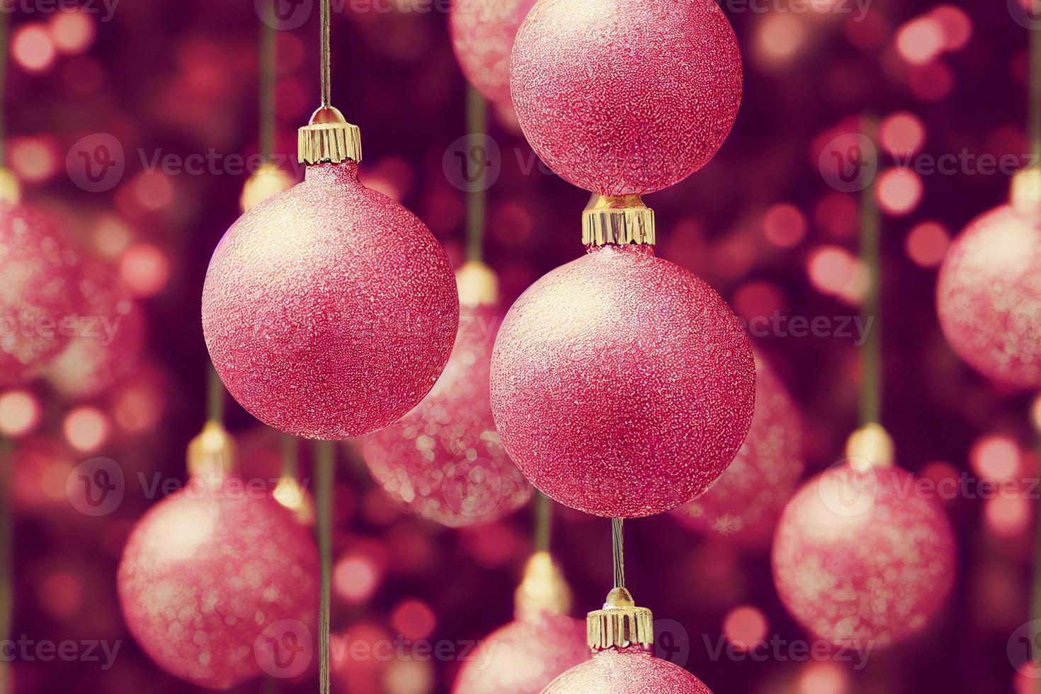 Seamless patter. Shiny pink glass Christmas ornaments on string. photo