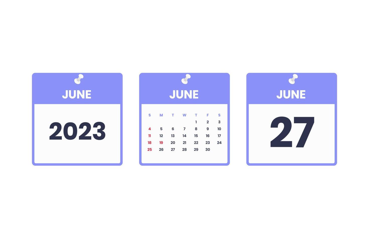 June calendar design. June 27 2023 calendar icon for schedule, appointment, important date concept vector