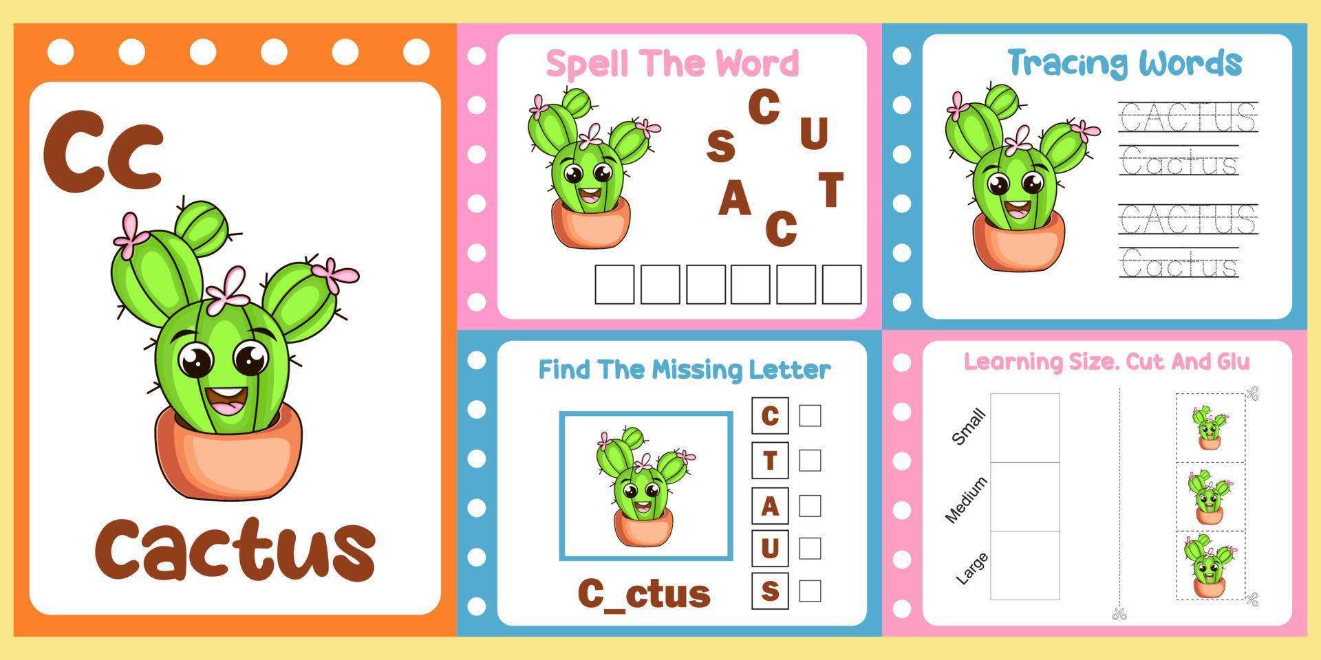 worksheets pack for kids with cactus vector. children's study book vector