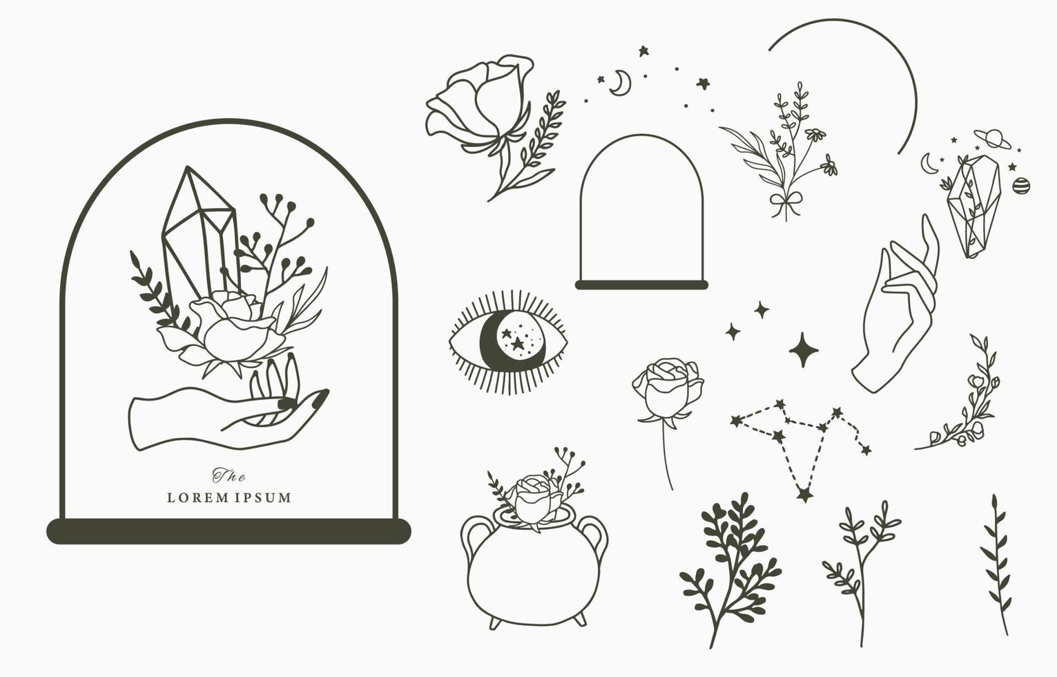 Beauty occult icon collection with hand,geometric,crystal,moon,eye,star vector