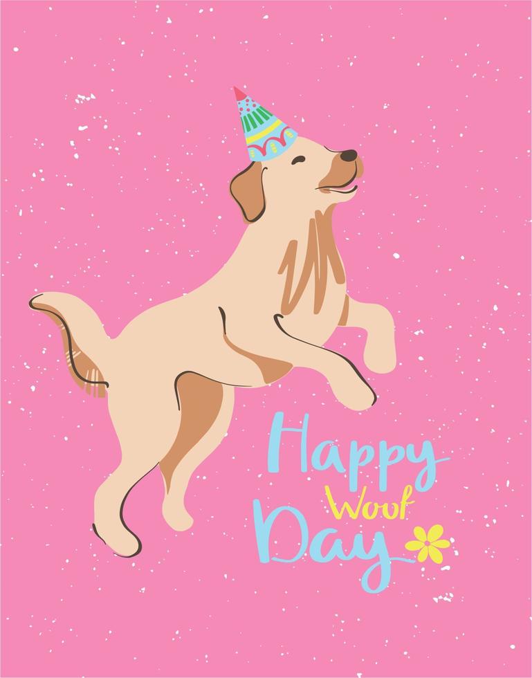 Beautiful postcard with a labrador puppy in a festive cap on a pink background. Creative vector illustration. Happy birthday design. Party decor.