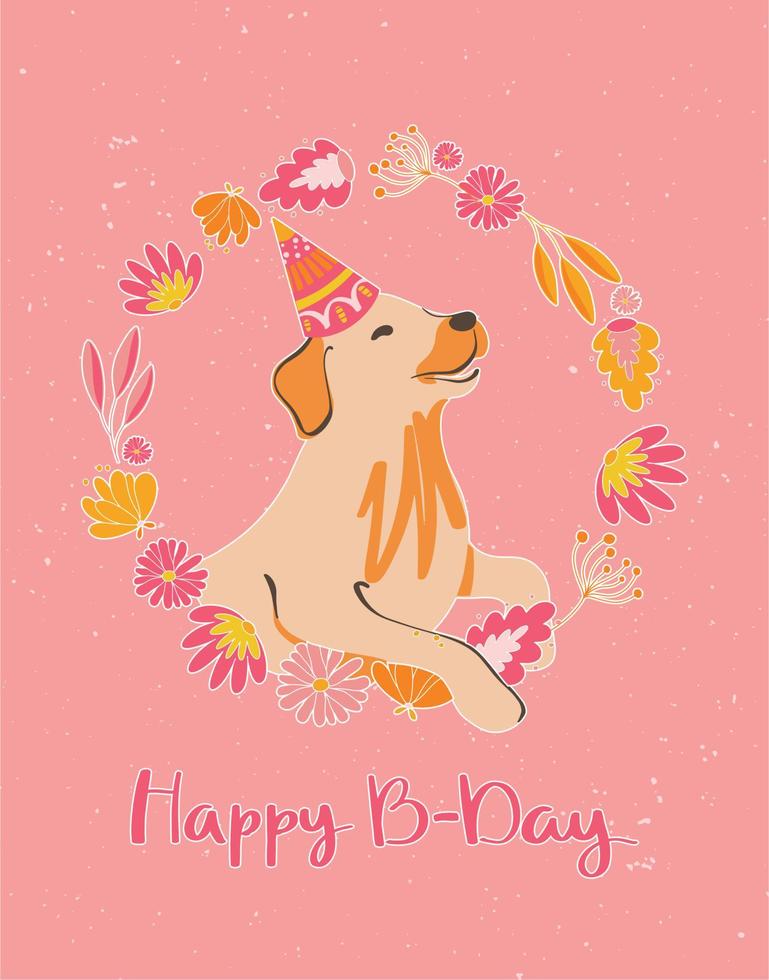 Beautiful postcard with a labrador puppy in a festive cap in a flower wreath on a pink background. Creative vector illustration. Happy birthday design. Party decor.