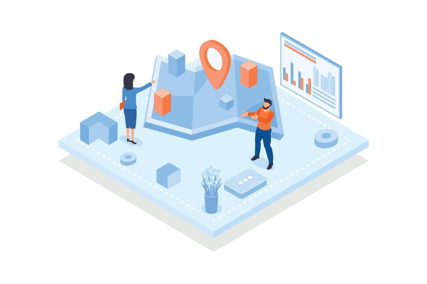 Conceptual template with people looking at city map with buildings. Scene for application for sharing real time location, street navigation, isometric vector modern illustration