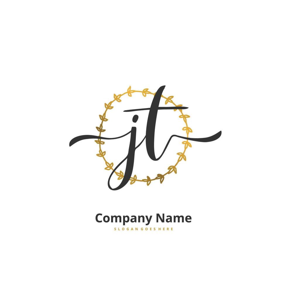 jt escritura a mano inicial y diseño de logotipo de firma con círculo. hermoso diseño de logotipo escrito a mano para moda, equipo, boda, logotipo de lujo. vector