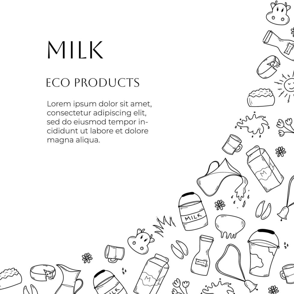 Doodle banner with milk products with free place for text on white background vector