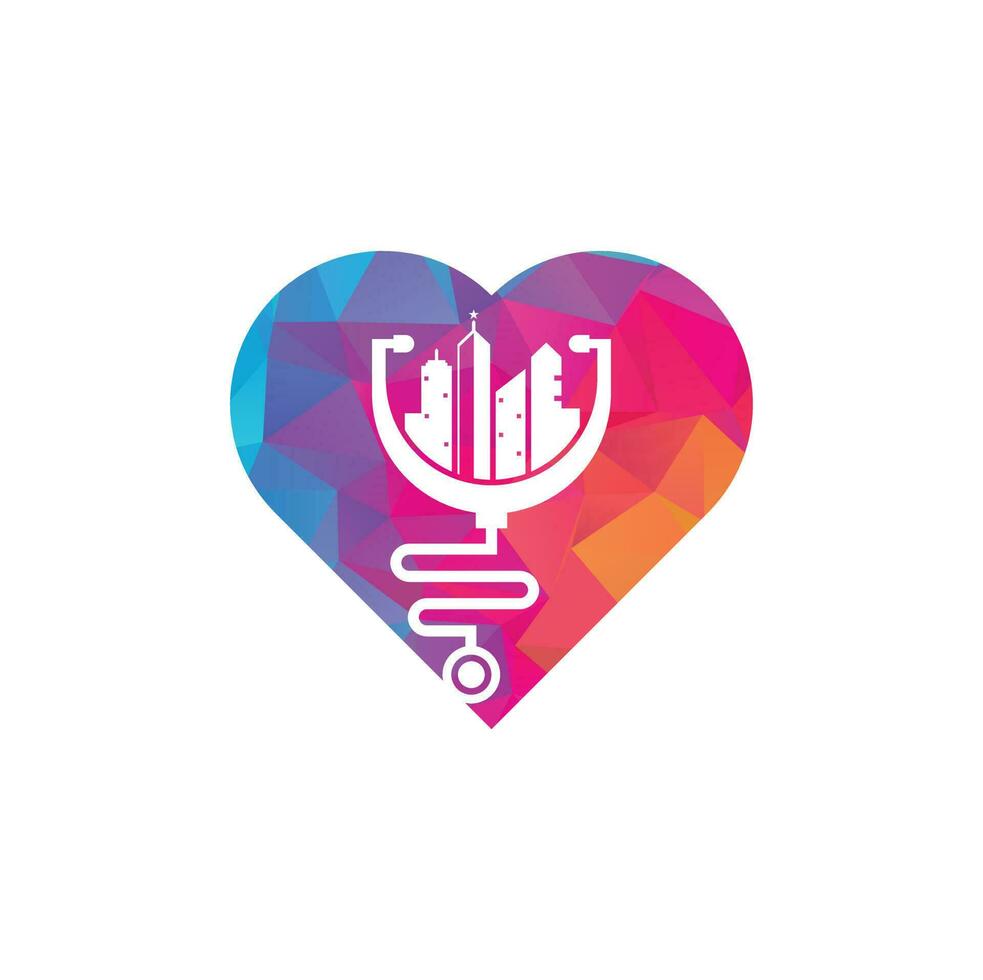 Medical city heart shape vector logo template. stethoscope and city vector. City medicine logo
