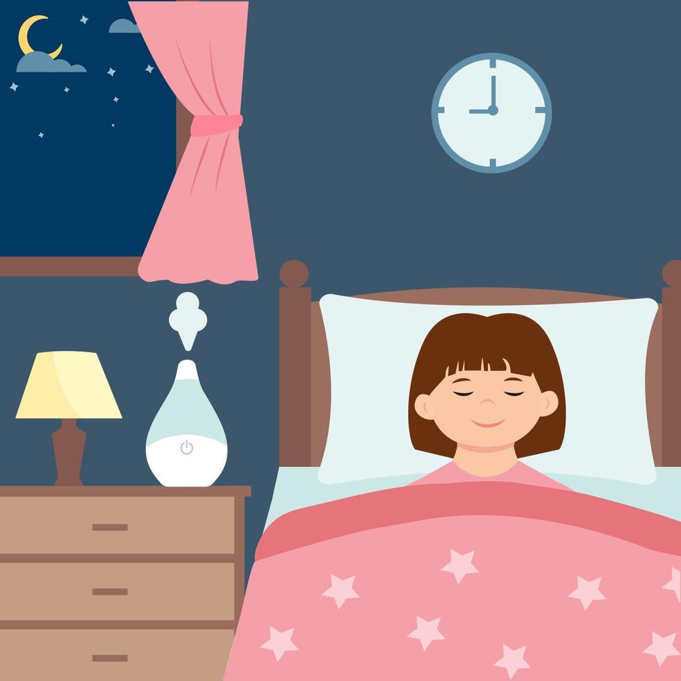 Cute girl sleeping with air humidifier in room. Air purifier. Ecological appliance for home. Healthy sleep. Vector illustration