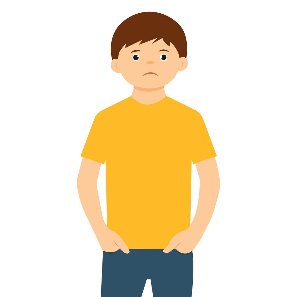 The portrait  of sad  boy in flat style. Unhappy kid.Human emotions. Vector illustration isolated on white background