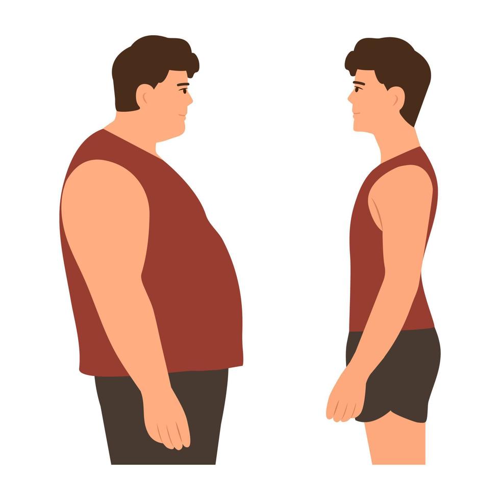 joven hombre con exceso de peso y Delgado cuerpo en ropa de deporte. antes de y después peso pérdida. vector ilustración aislado en blanco.