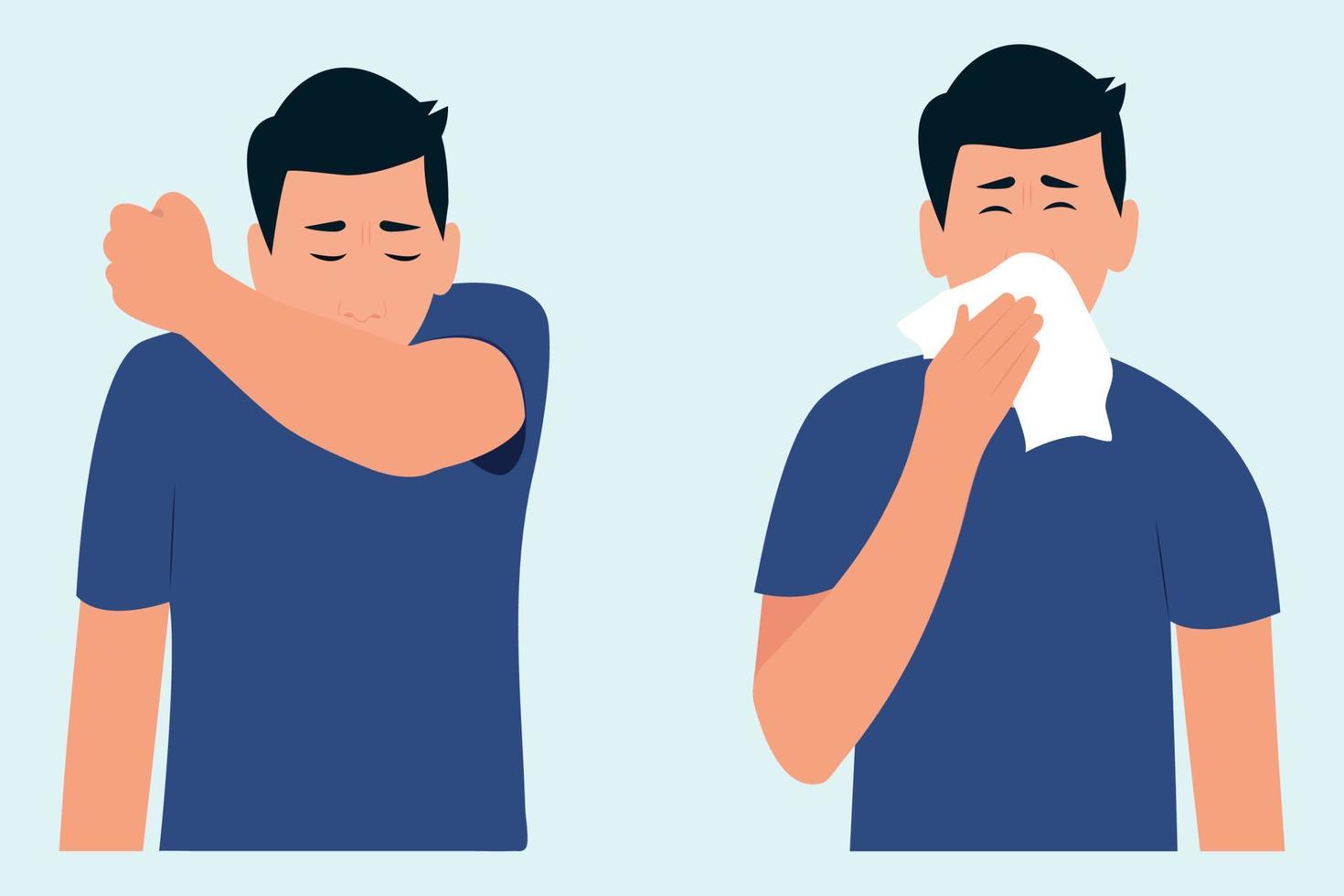 enfermo hombre estornudos dentro el codo, pañuelo. cómo a estornudar bien. estacional alergias.virus prevención desparramar. plano vector ilustración.