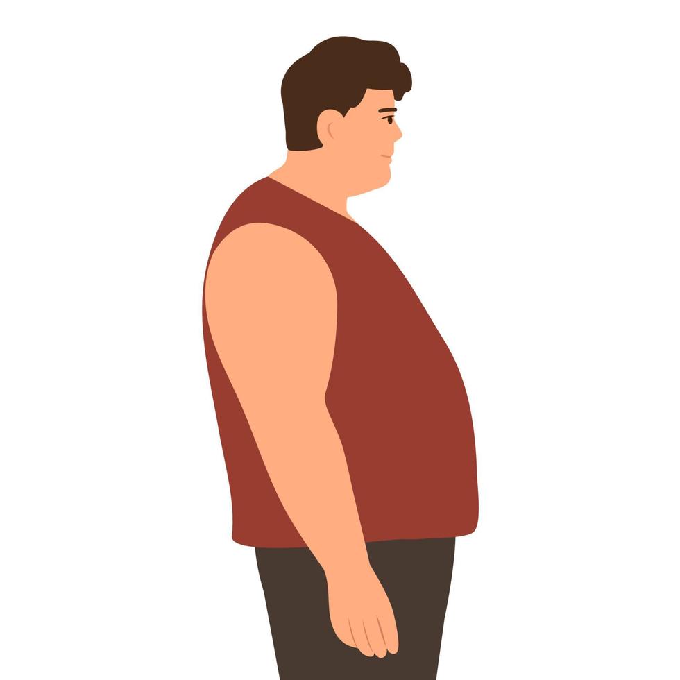 Man in profile with   overweight. Problems with excess weight. The concept of bad eating habits, gluttony, obesity and unhealthy eating. Vector illustration