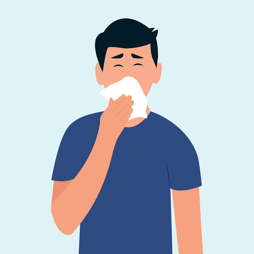 el hombre estornuda y usa una servilleta de papel. como estornudar bien. propagación de prevención de virus. ilustración de vector plano. alergias estacionales. concepto de salud.