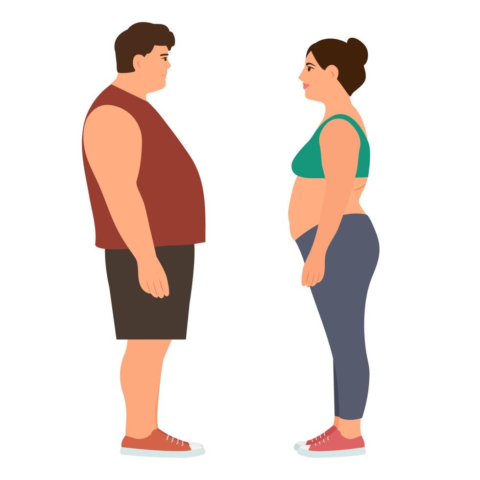 Man and woman in profile with   overweight. Problems with excess weight. The concept of bad eating habits, gluttony, obesity and unhealthy eating. Vector illustration