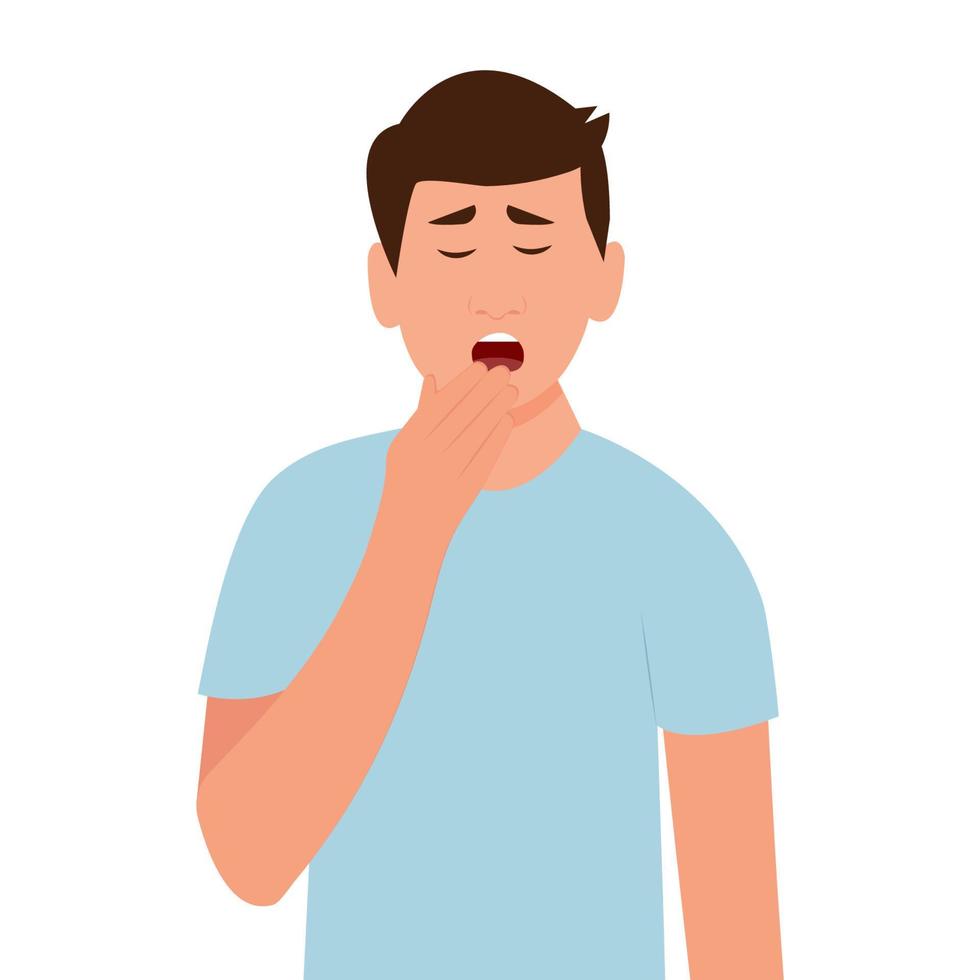 Man yawning covering mouth with hand.  Sleepy person with open mouth.Fatigue. Low energy.Vector illustration vector