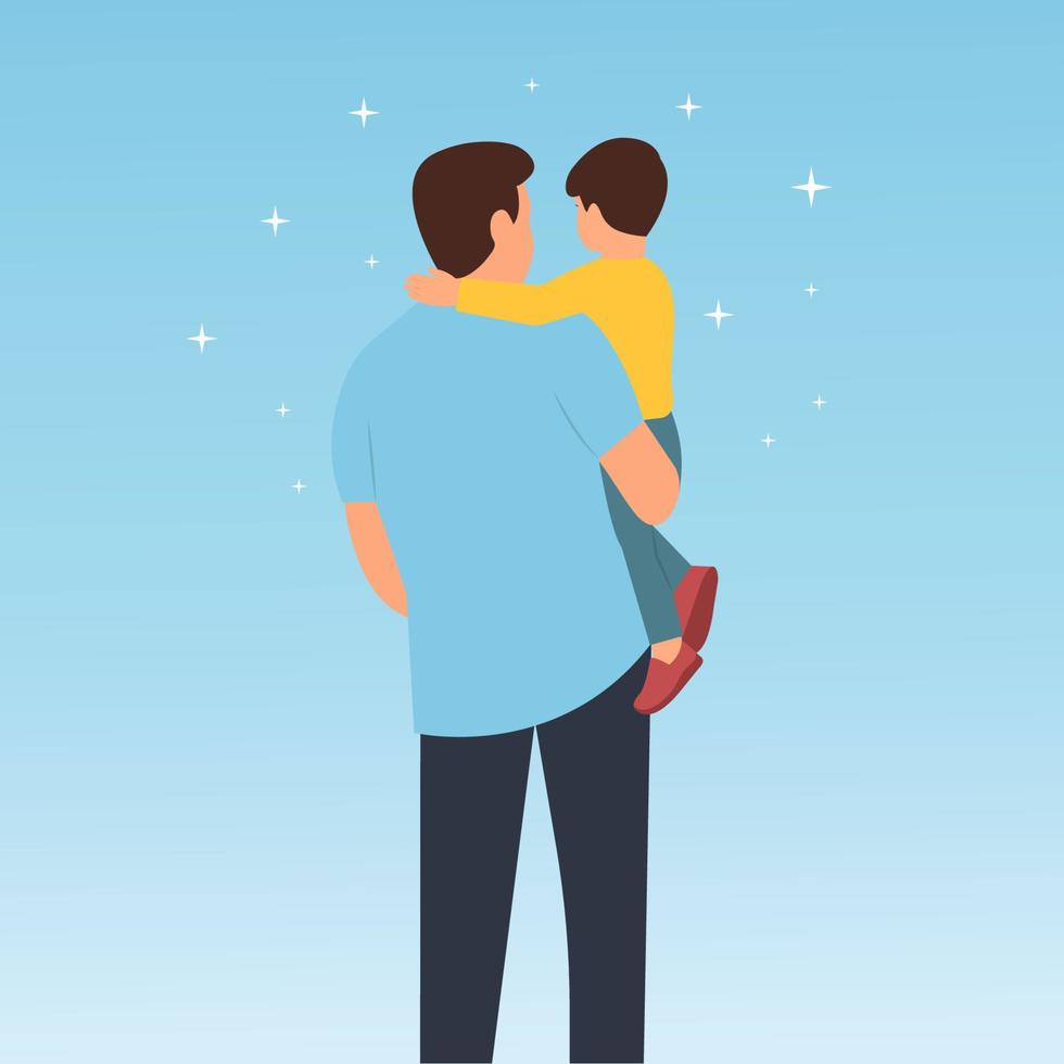 padre sosteniendo a su hijo en sus brazos. feliz día del padre vista trasera ilustración vectorial aislada. vector