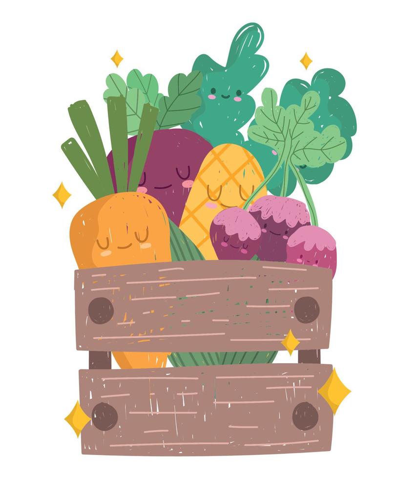 wooden basket with fresh vegetables carrot corn beetroot cartoon vector