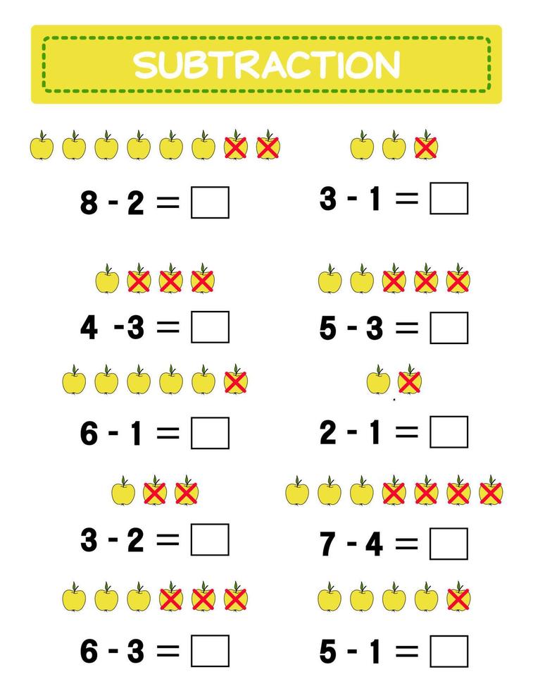 Subtraction.  Math worksheet for kids. Developing numeracy skills. Solve examples and write. Mathematics. Vector illustration.Educational math children game. Subtraction for kids..