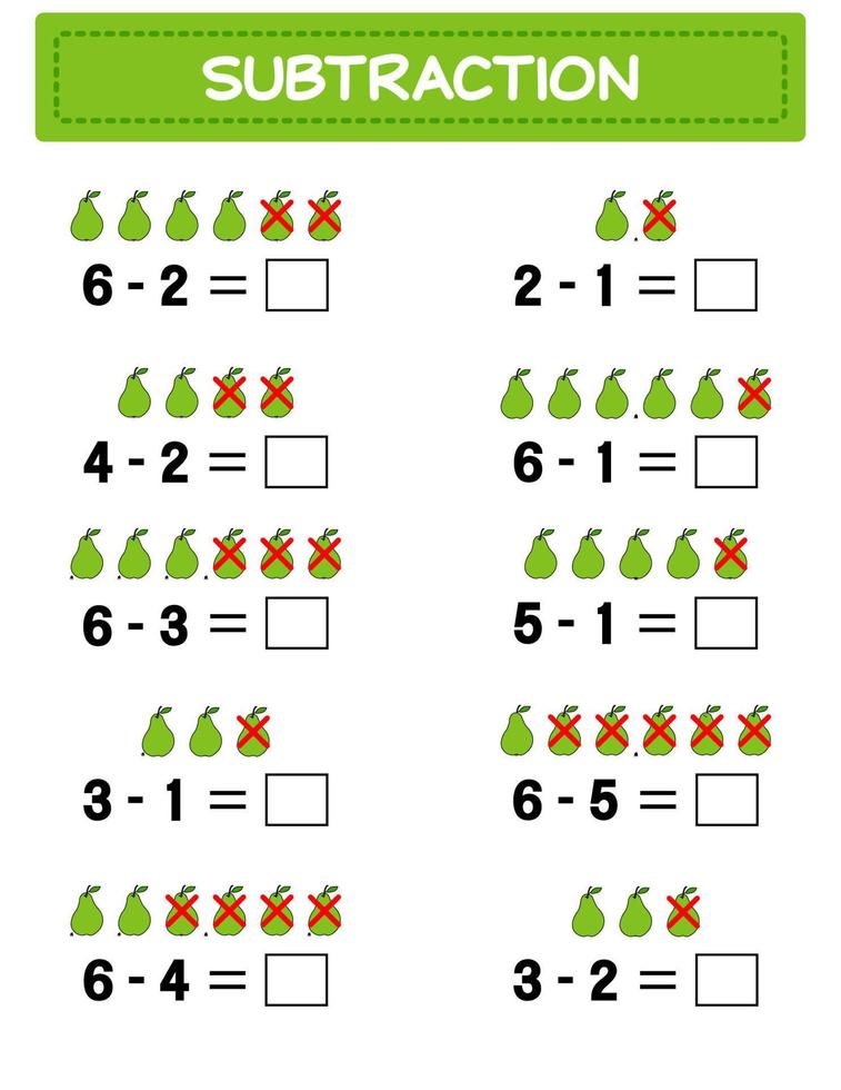 Subtraction.  Math worksheet for kids. Developing numeracy skills. Solve examples and write. Mathematics. Vector illustration.Educational math children game. Subtraction for kids..