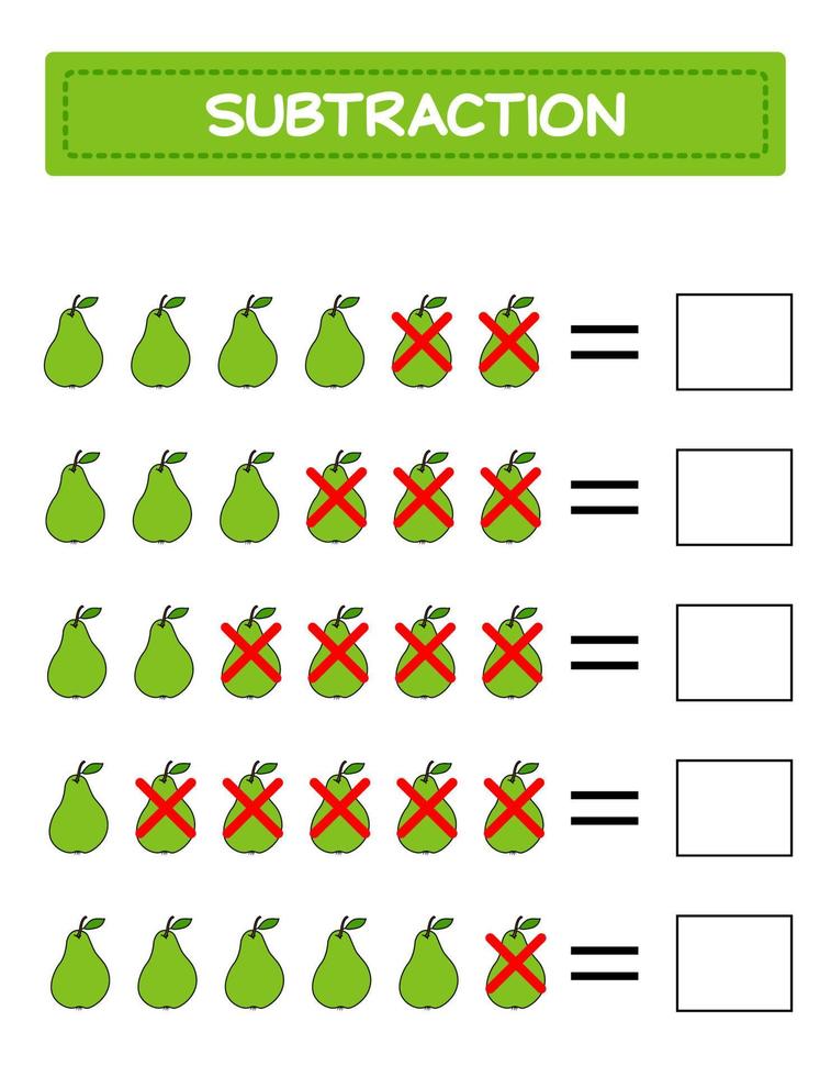 Subtraction.  Math worksheet for kids. Developing numeracy skills. Solve examples and write. Mathematics. Vector illustration.Educational math children game. Subtraction for kids..