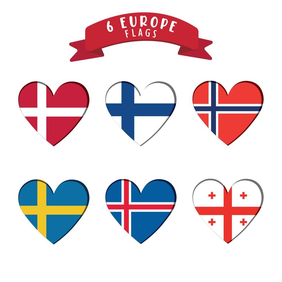 Set of heart shapes with different european flags Vector illustration