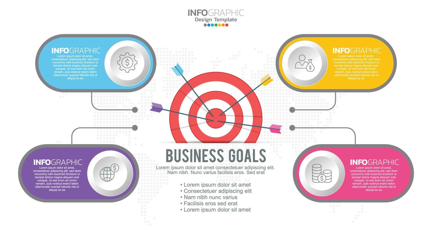 objetivo con cuatro pasos para la plantilla infográfica de su objetivo para web, negocios, presentaciones. vector