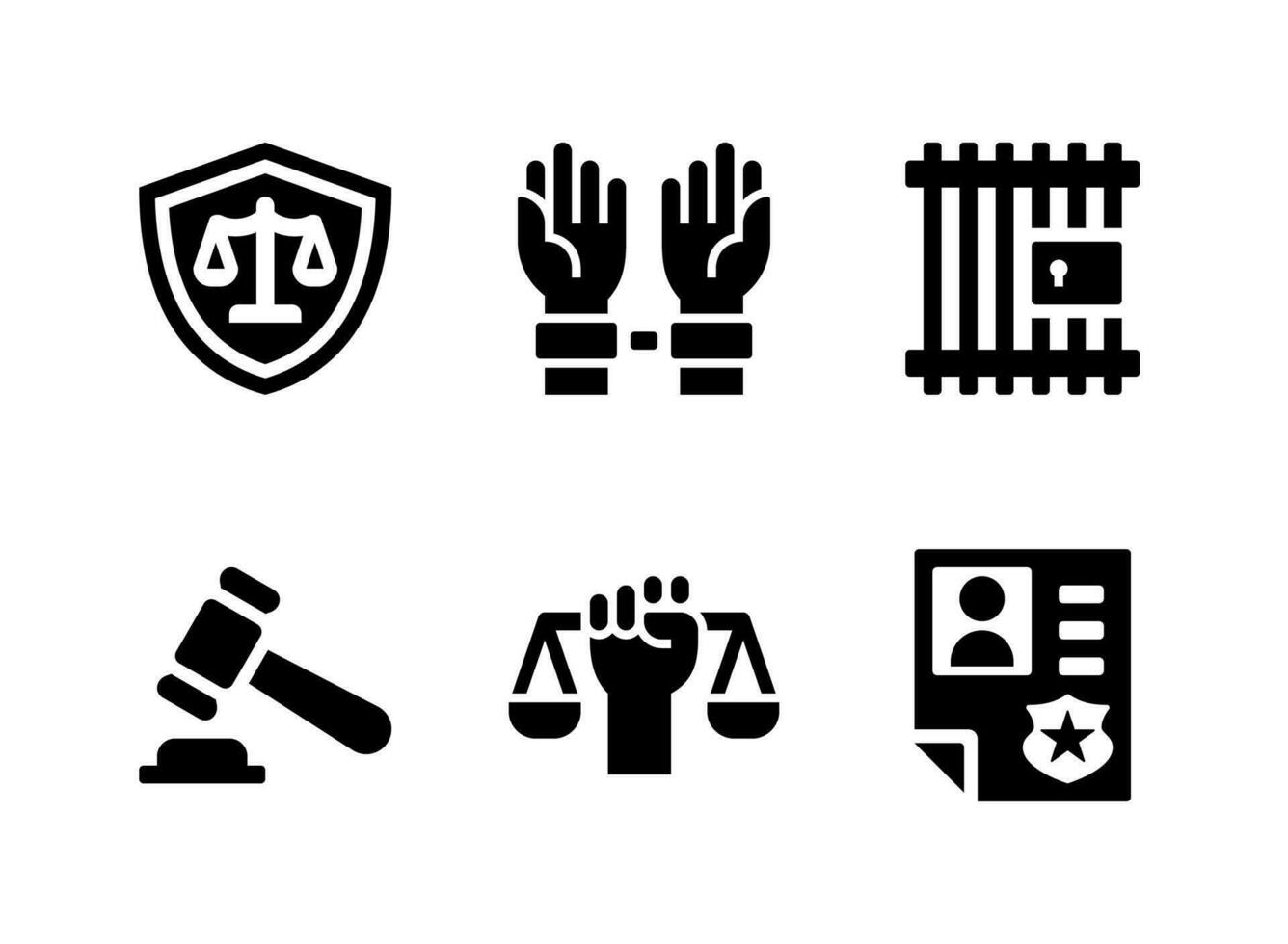 conjunto simple de iconos sólidos vectoriales relacionados con la justicia y la ley vector