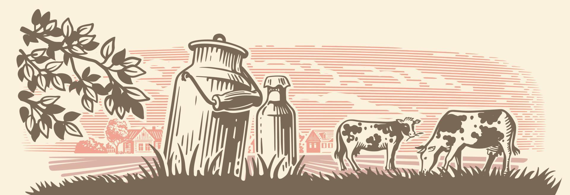 vacas en el vector del prado del marco. bosquejo dibujado a mano ganado