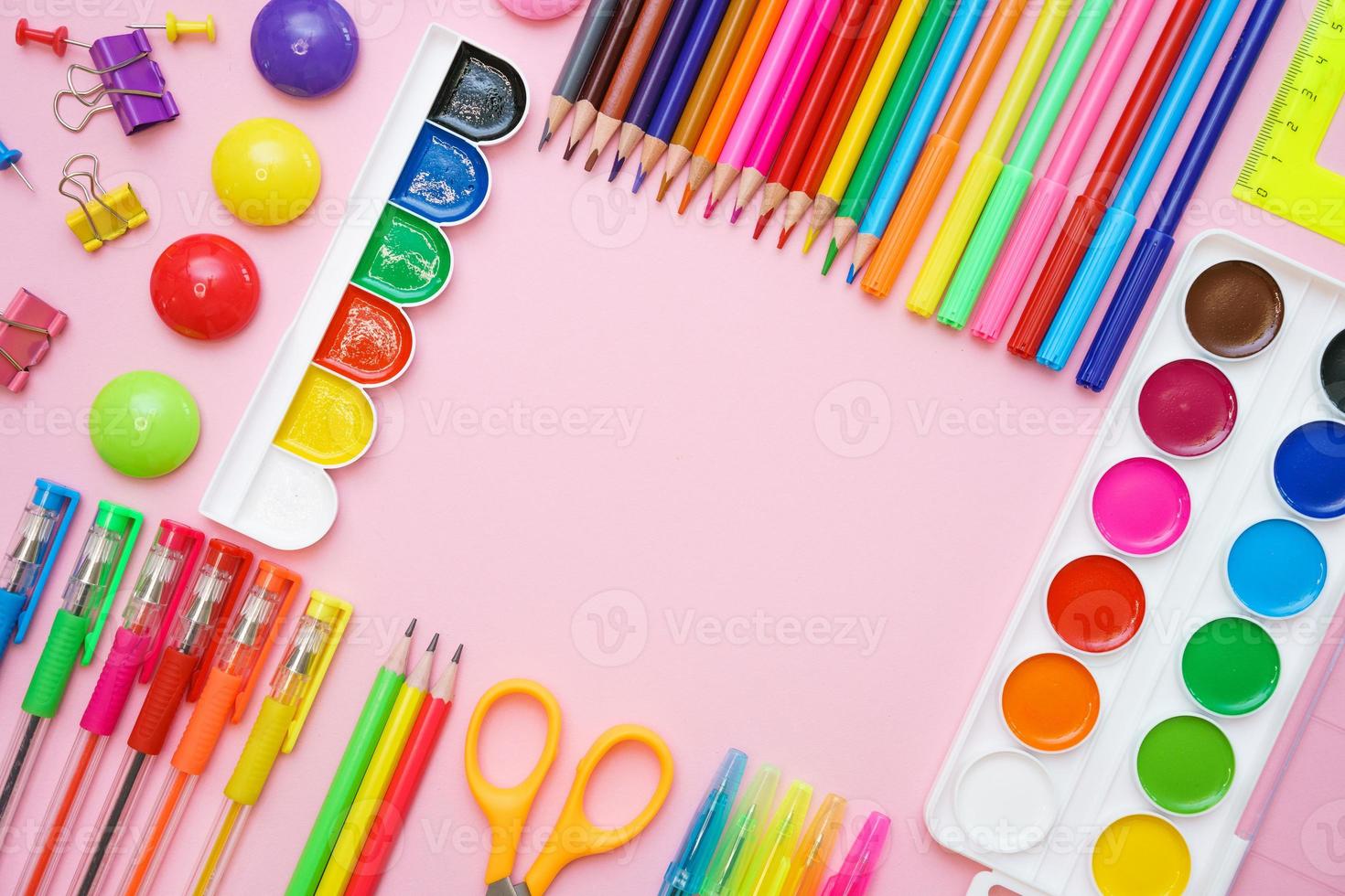 Preparation and study of elementary school children. Bright and colorful school photo