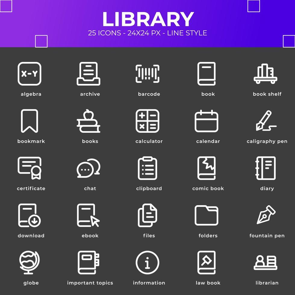 Library icon pack with black color style vector